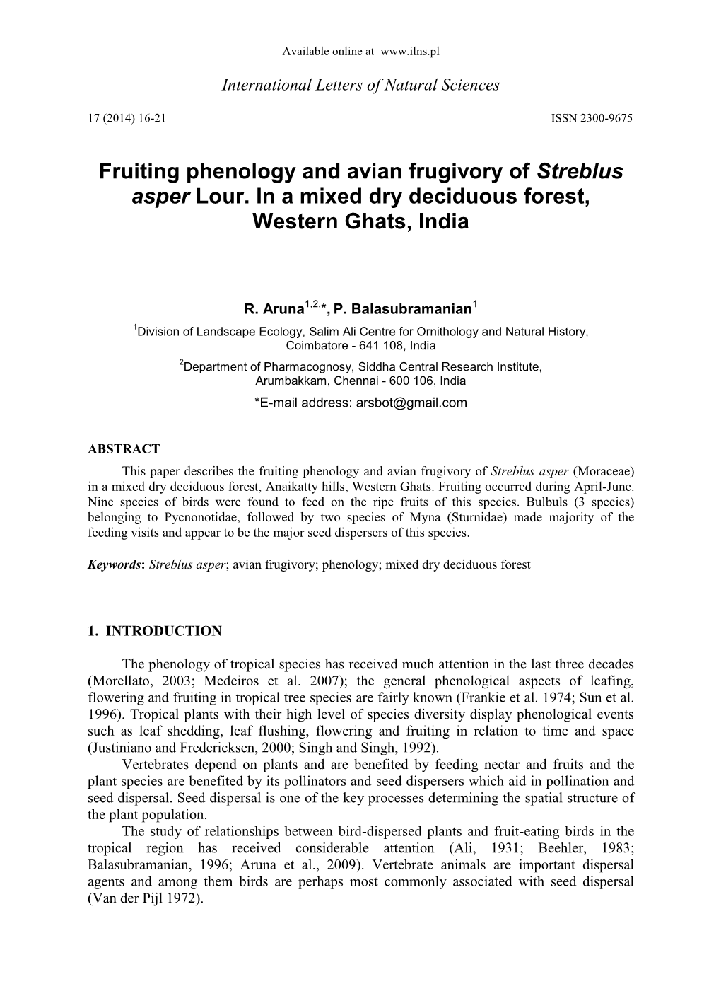 Fruiting Phenology and Avian Frugivory of Streblus Asper Lour. in a Mixed Dry Deciduous Forest, Western Ghats, India