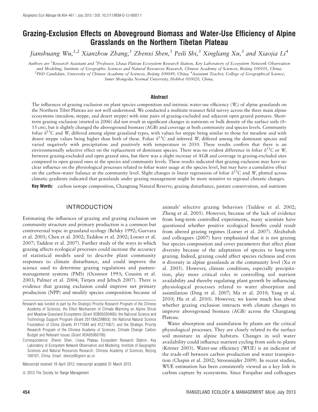 Grazing-Exclusion Effects on Aboveground Biomass and Water-Use Efficiency of Alpine Grasslands on the Northern Tibetan Plateau