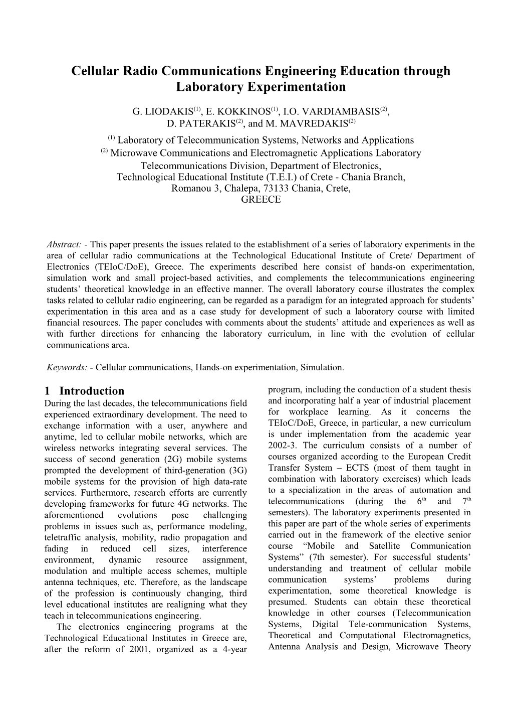 Cellular Radio Communications Engineering Education Through Laboratory Experimentation