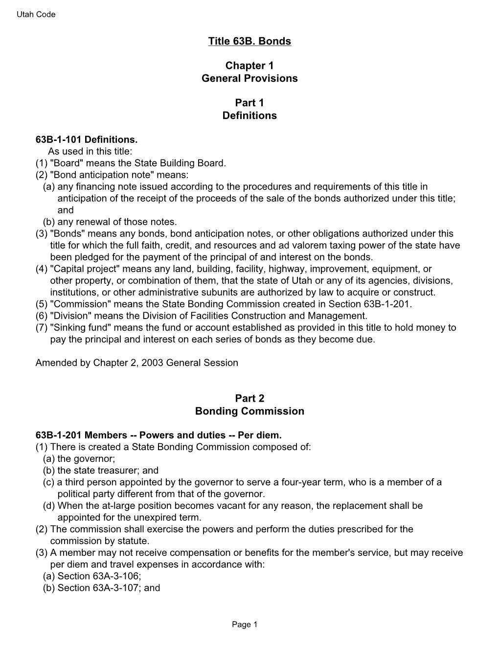 Title 63B. Bonds Chapter 1 General Provisions Part 1