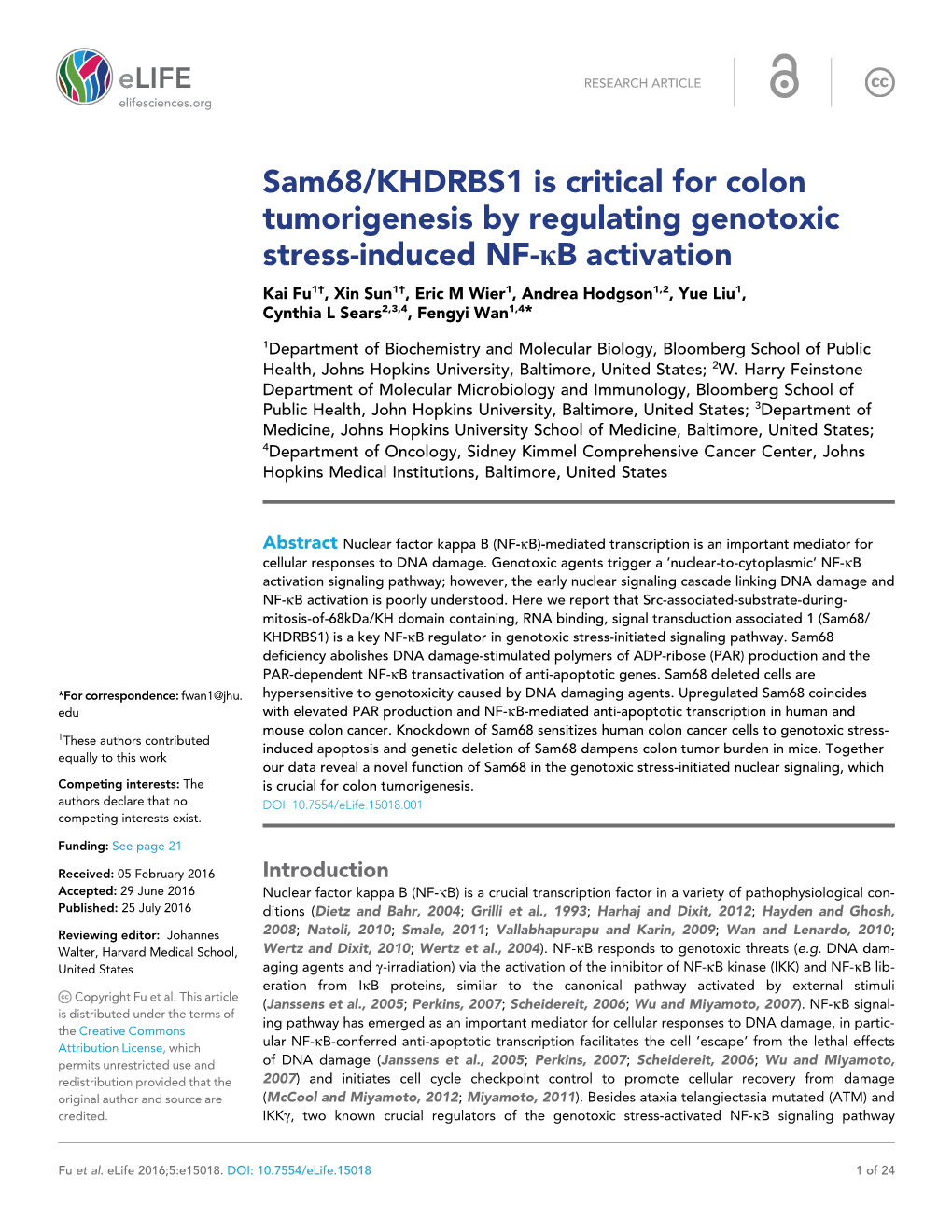 Sam68/KHDRBS1 Is Critical for Colon Tumorigenesis by Regulating