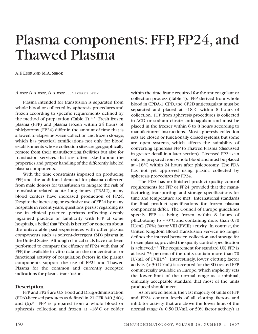 Plasma Components: FFP, FP24, and Thawed Plasma