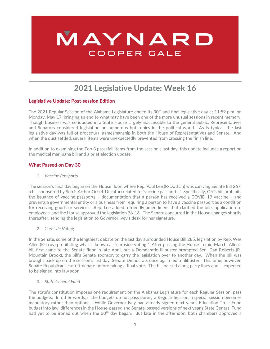 2021 Legislative Update Week 16