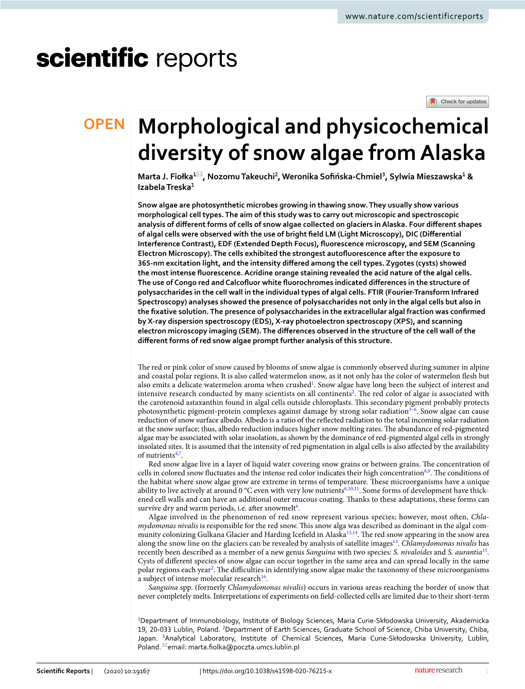 Morphological and Physicochemical Diversity of Snow Algae from Alaska Marta J