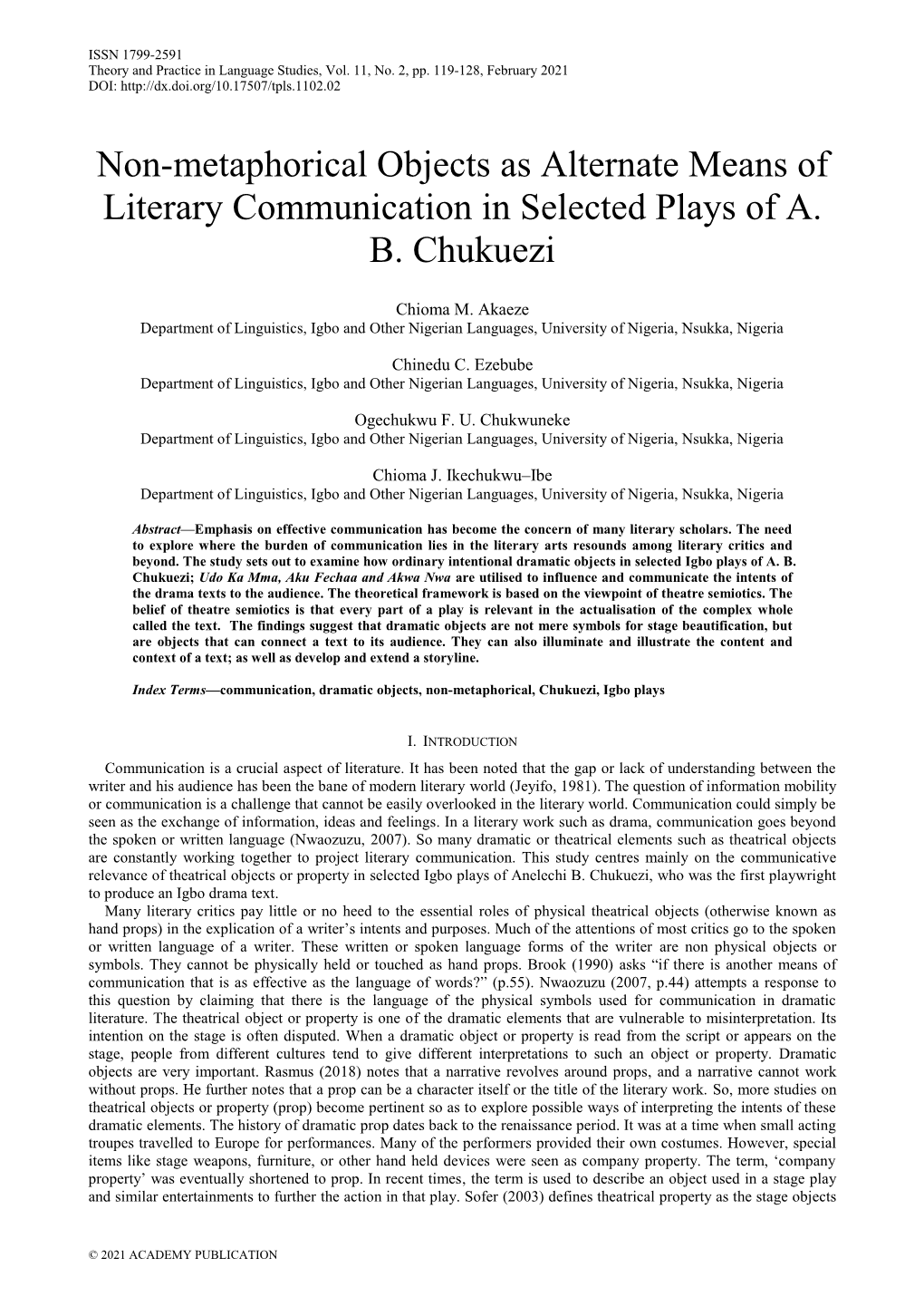 Non-Metaphorical Objects As Alternate Means of Literary Communication in Selected Plays of A