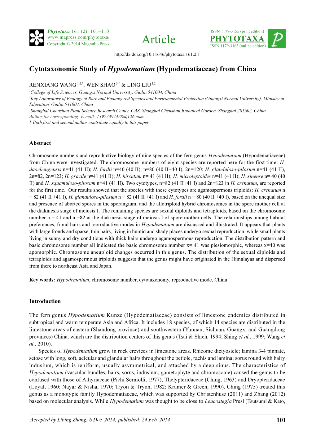 Cytotaxonomic Study of Hypodematium (Hypodematiaceae) from China