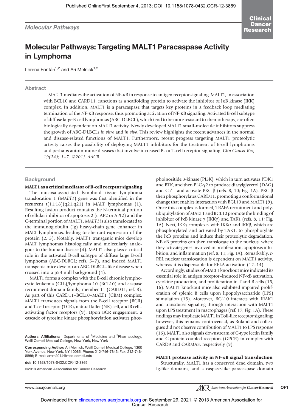 Targeting MALT1 Paracaspase Activity in Lymphoma