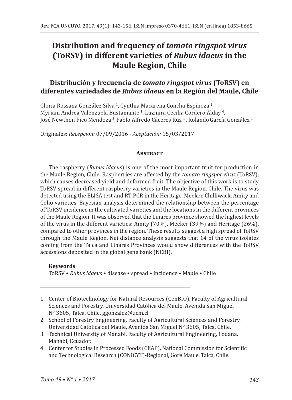 Distribution and Frequency of Tomato Ringspot Virus (Torsv) in Different Varieties of Rubus Idaeus in the Maule Region, Chile