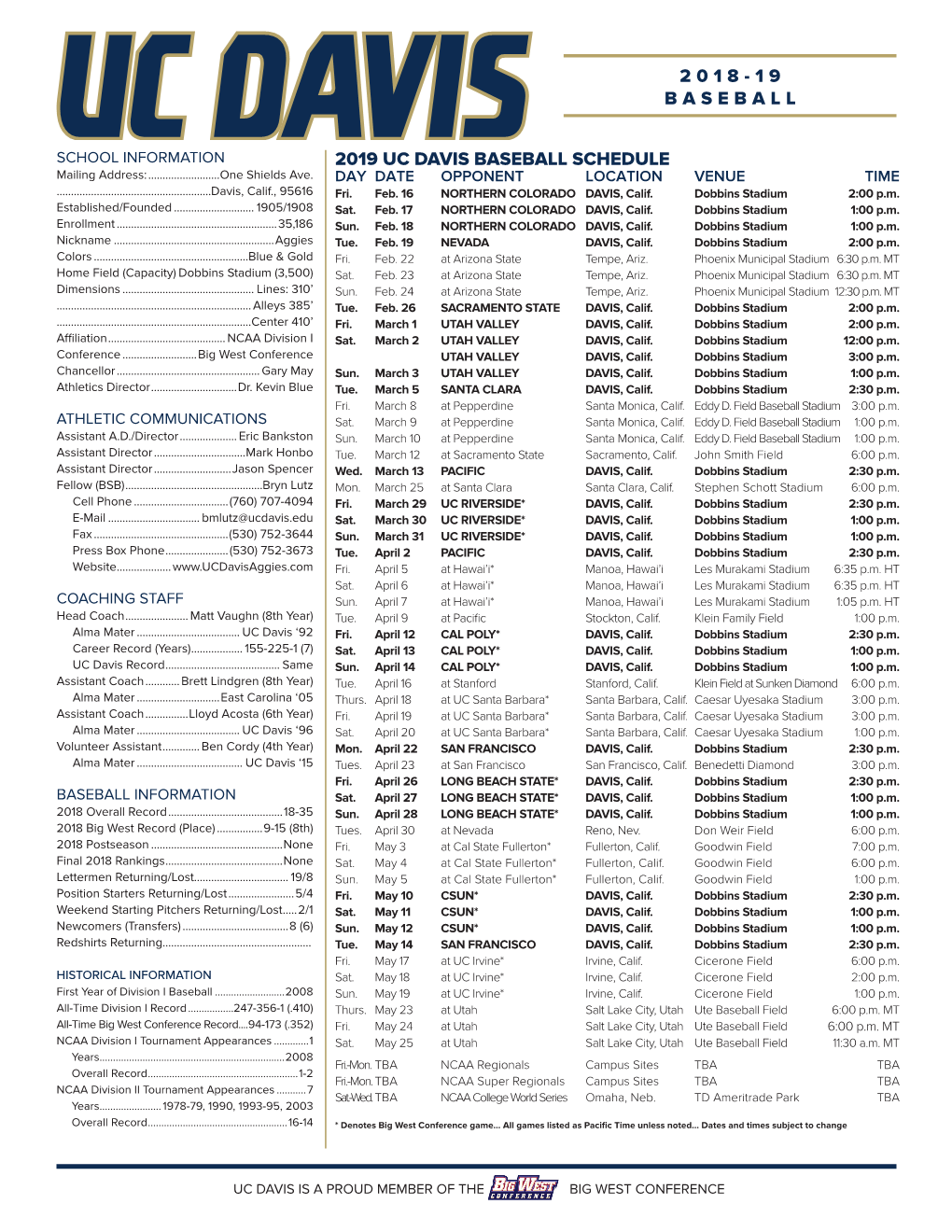 2019 Uc Davis Baseball Schedule 2018-19 Baseball