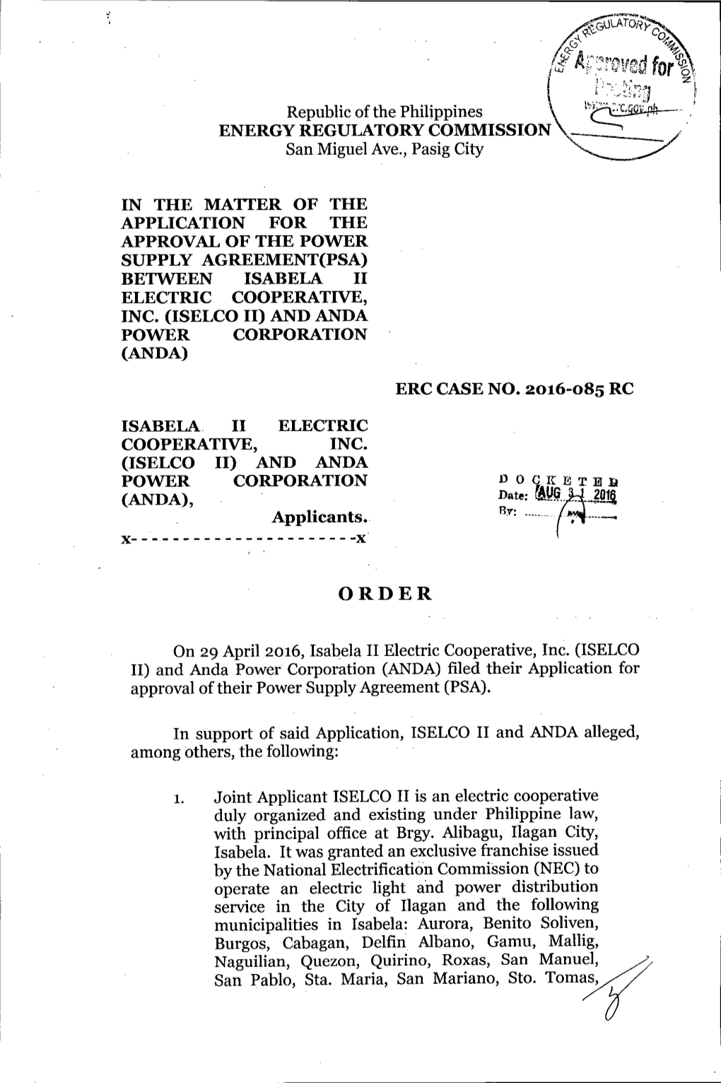 Order, ERC Case No. 2016-085 RC