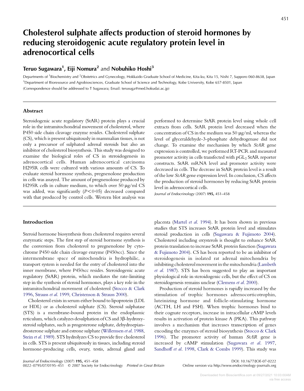 Cholesterol Sulphate Affects Production of Steroid Hormones by Reducing Steroidogenic Acute Regulatory Protein Level in Adrenocortical Cells