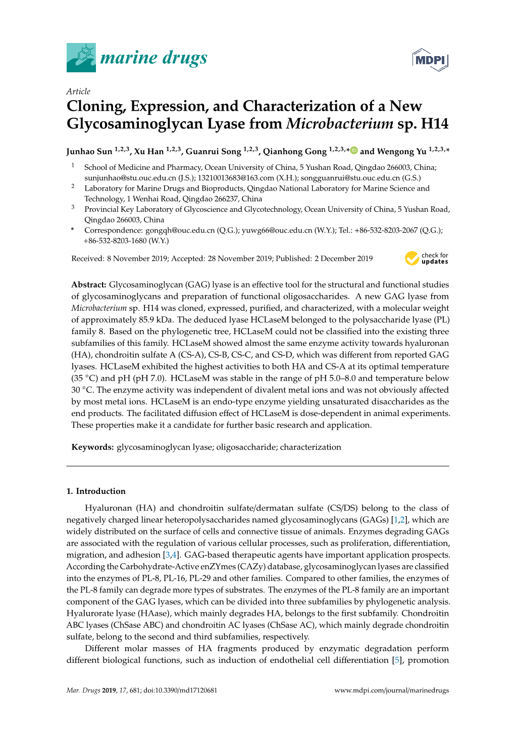 Cloning, Expression, and Characterization of a New Glycosaminoglycan Lyase from Microbacterium Sp