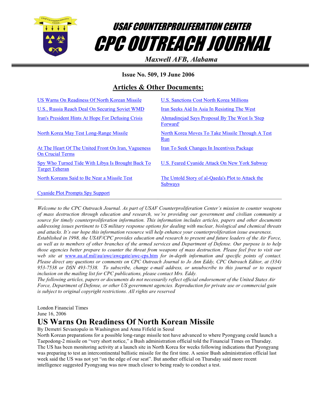 USAF Counterproliferation Center CPC Outreach Journal #509