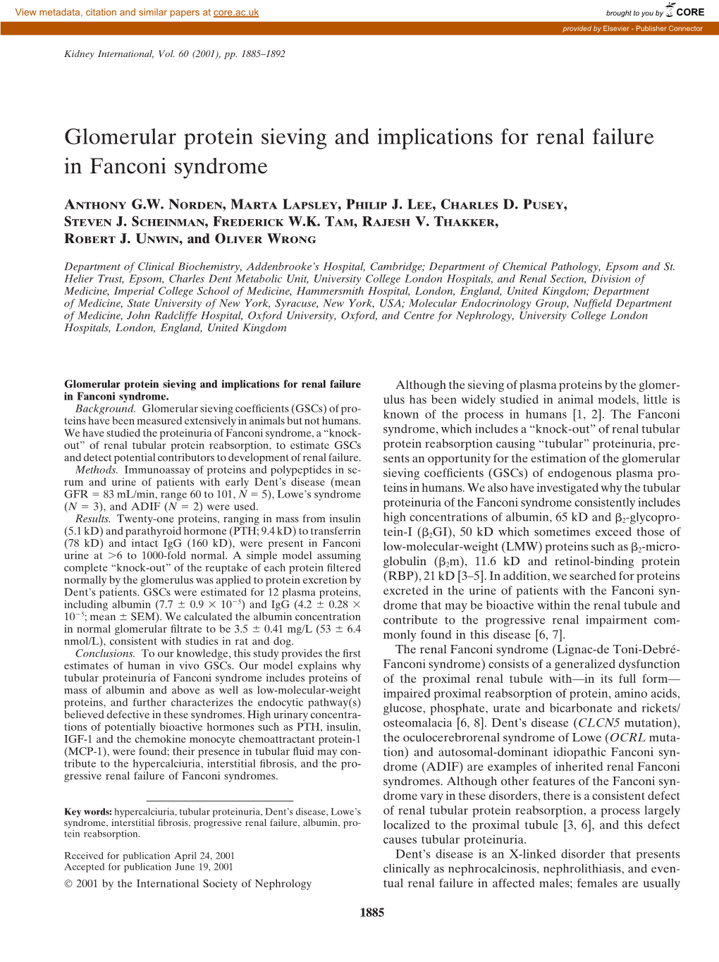 Glomerular Protein Sieving and Implications for Renal Failure in Fanconi Syndrome