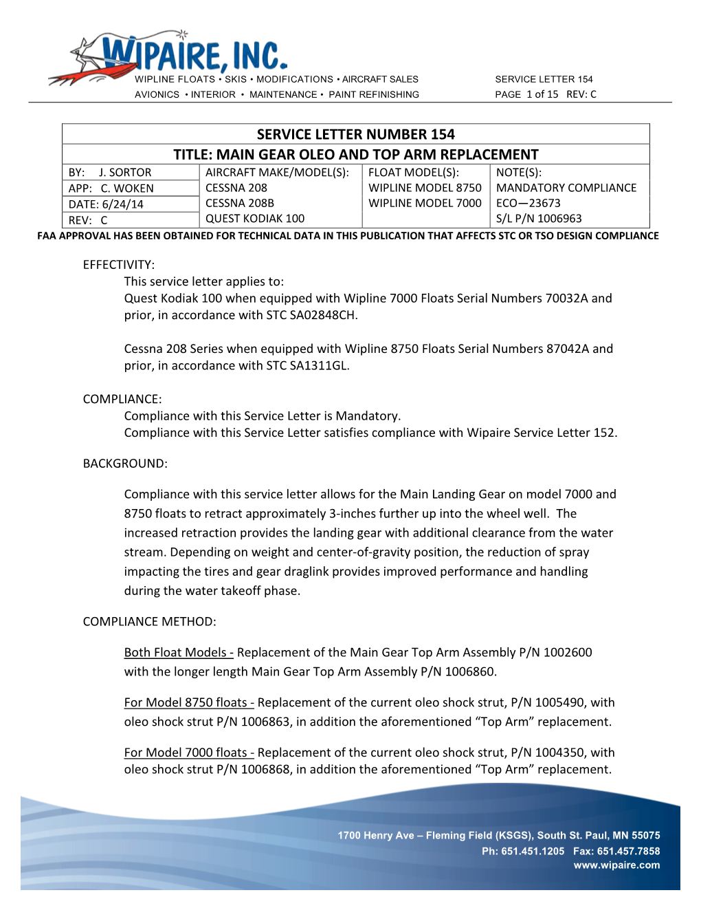 Service Letter 154, Main Gear Oleo and Top Arm Replacement