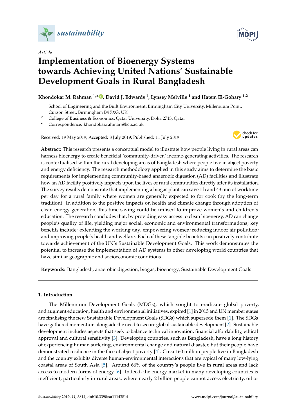 Implementation of Bioenergy Systems Towards Achieving United Nations’ Sustainable Development Goals in Rural Bangladesh