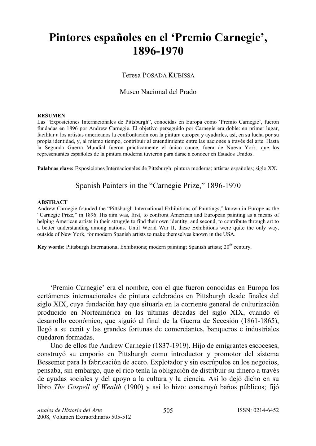 Pintores Españoles En El 'Premio Carnegie', 1896-1970