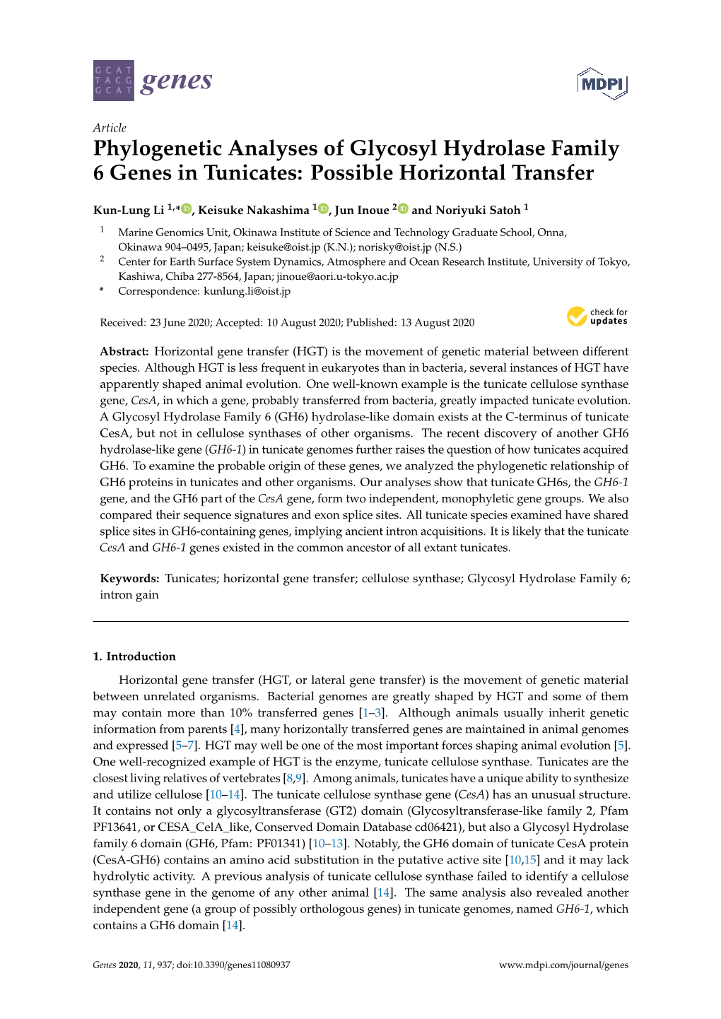 Phylogenetic Analyses of Glycosyl Hydrolase Family 6 Genes in Tunicates: Possible Horizontal Transfer