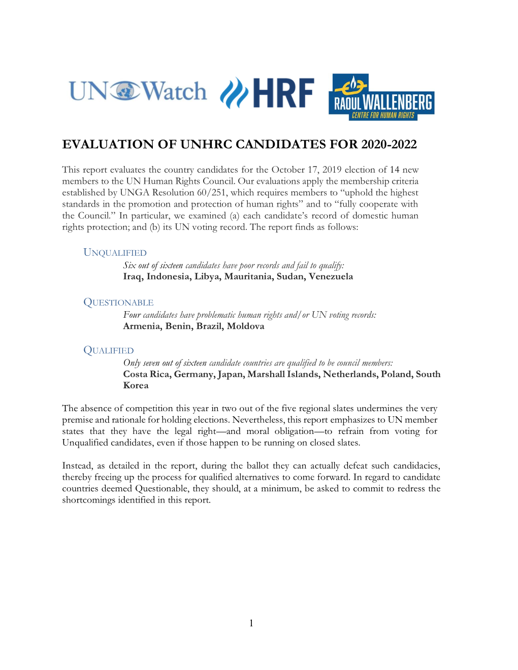 Evaluation of Unhrc Candidates for 2020-2022