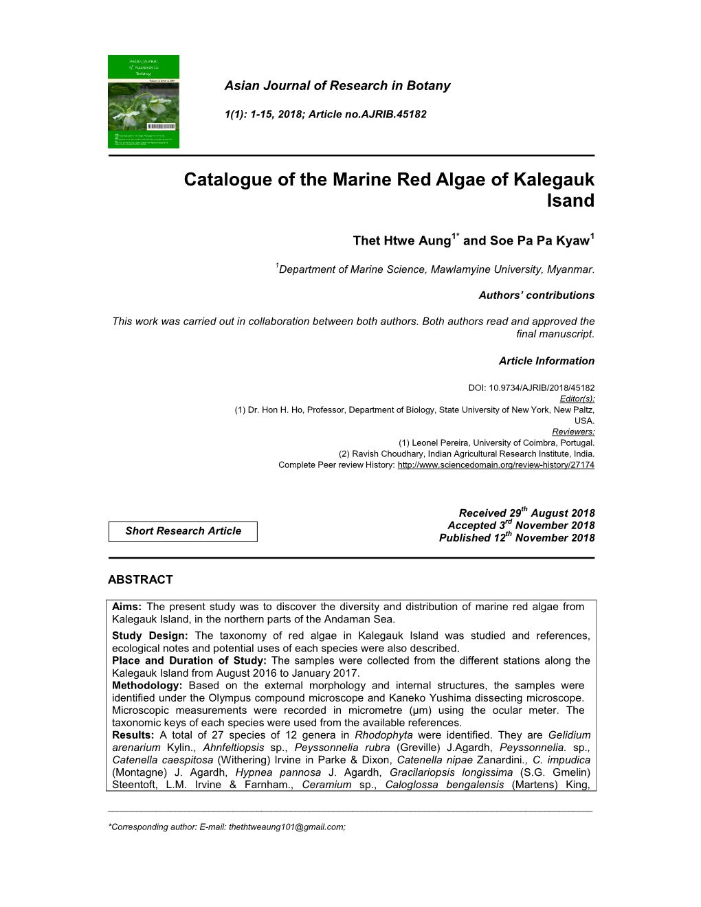 Catalogue of the Marine Red Algae of Kalegauk Isand