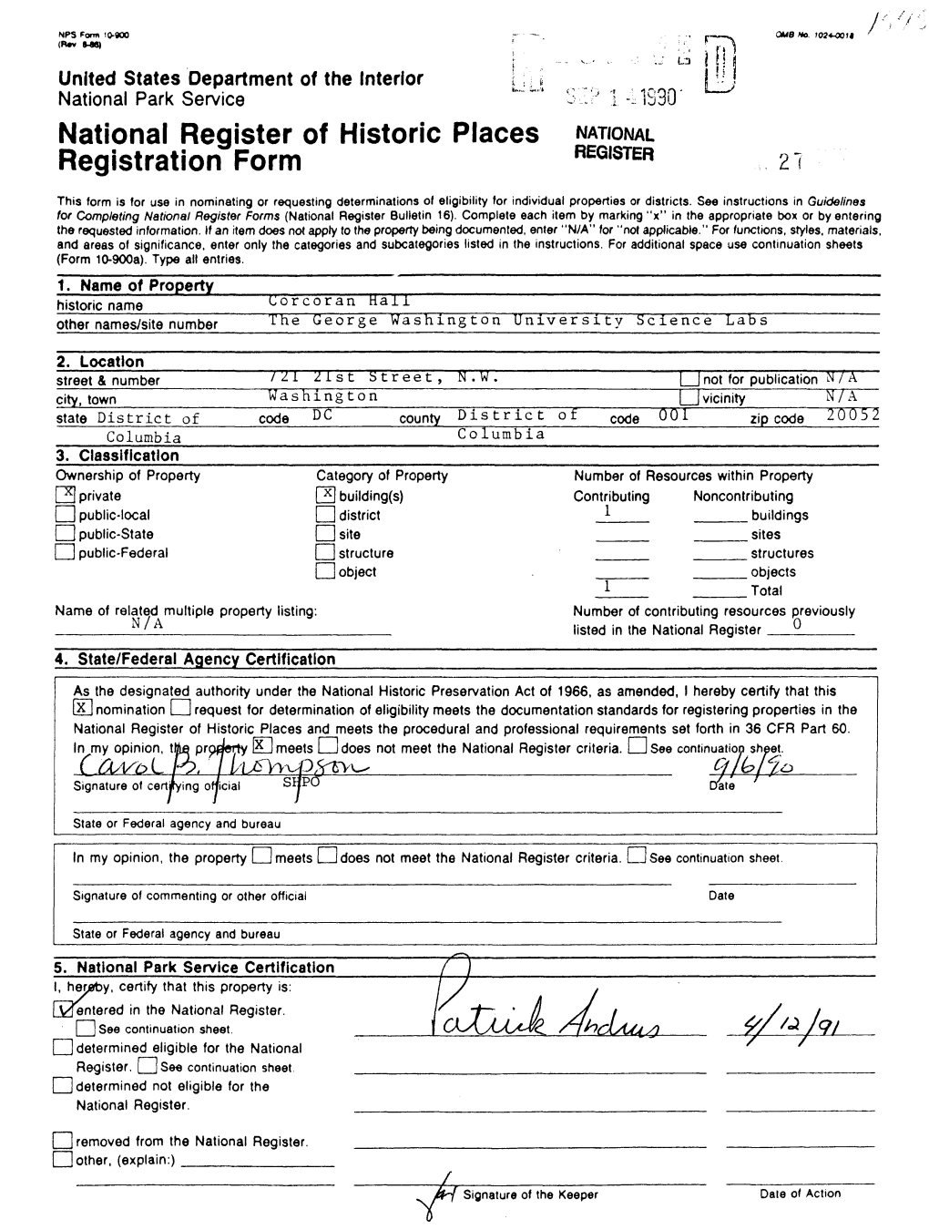 National Register of Historic Places NATIONAL Registration Form Regisrer 21