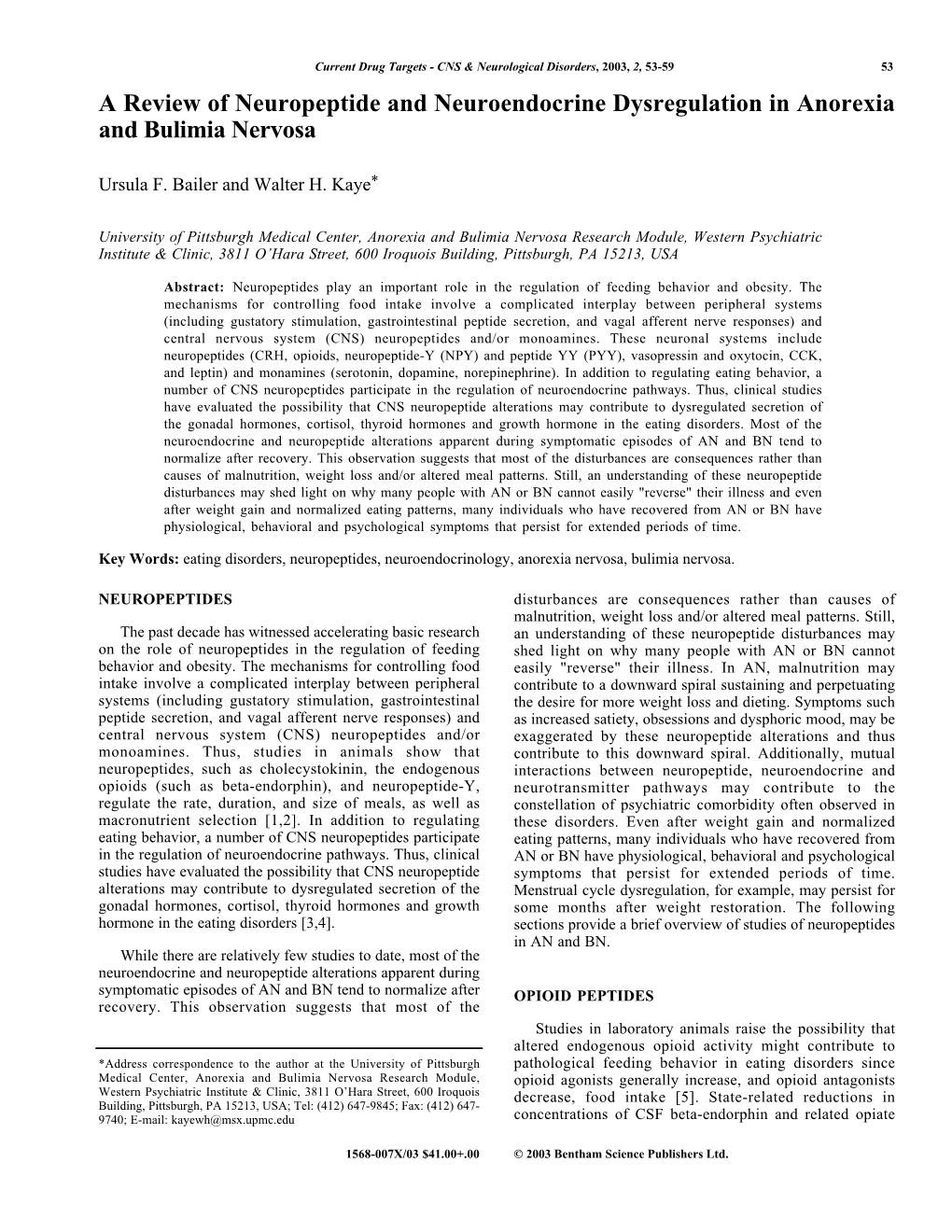 A Review of Neuropeptide and Neuroendocrine Dysregulation in Anorexia and Bulimia Nervosa