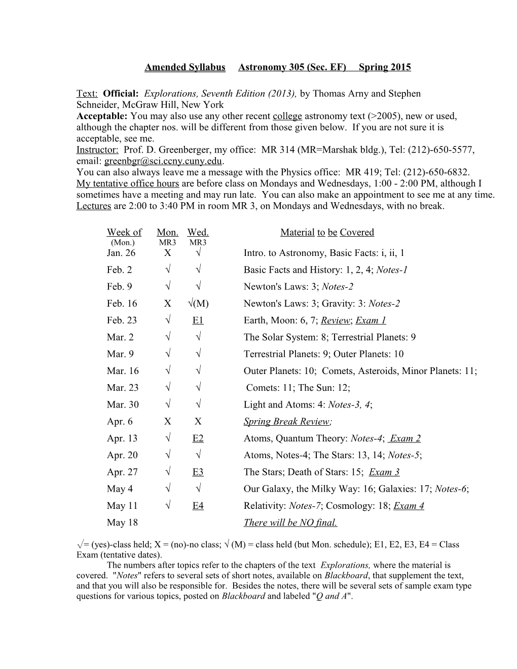 Syllabus Astronomy 305 Evening Spring 2008