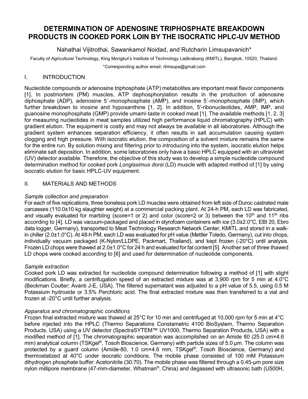 Determination of Adenosine Triphosphate Breakdown Products in Cooked Pork Loin by the Isocratic Hplc-Uv Method