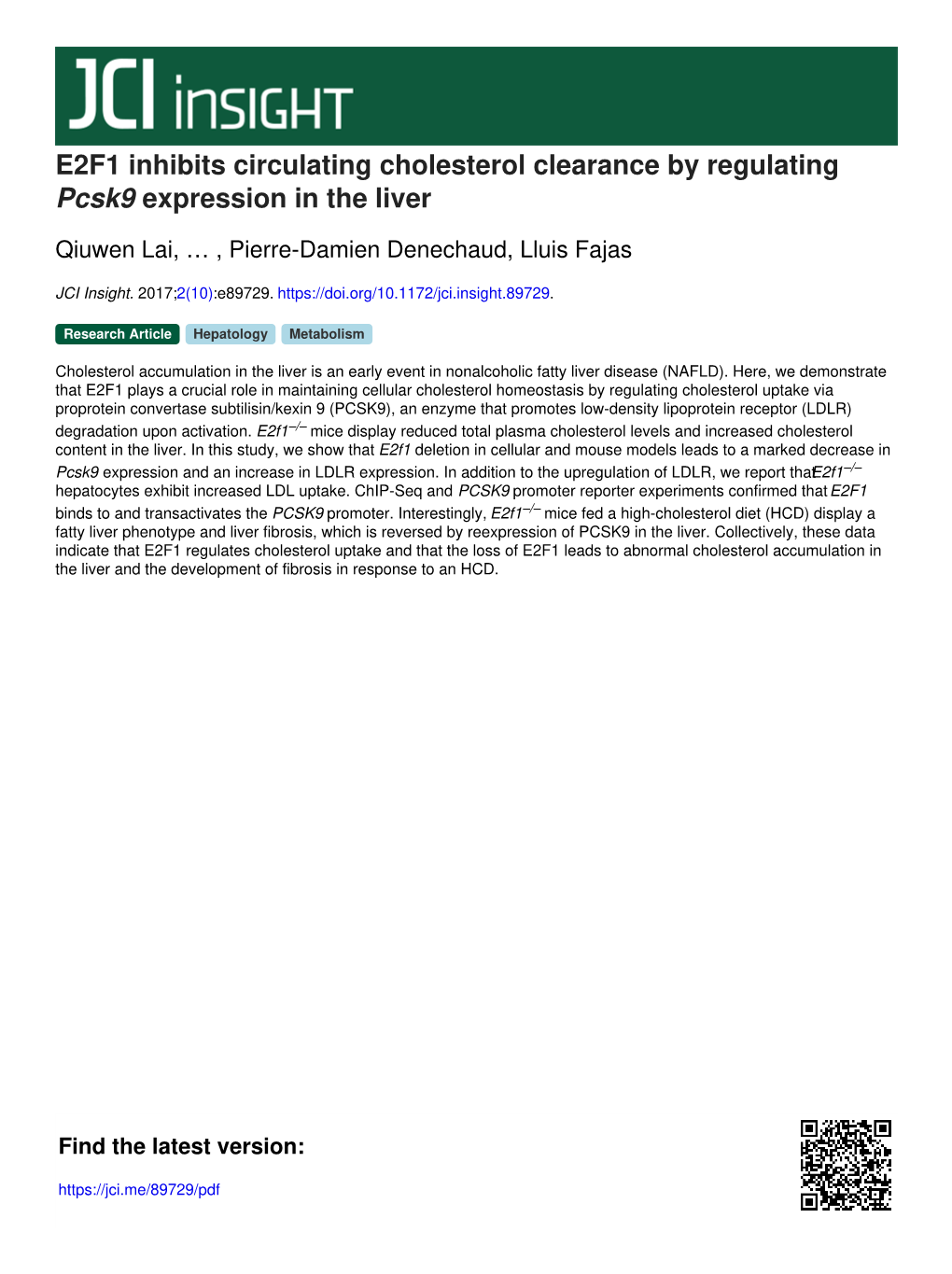 E2F1 Inhibits Circulating Cholesterol Clearance by Regulating Pcsk9 Expression in the Liver