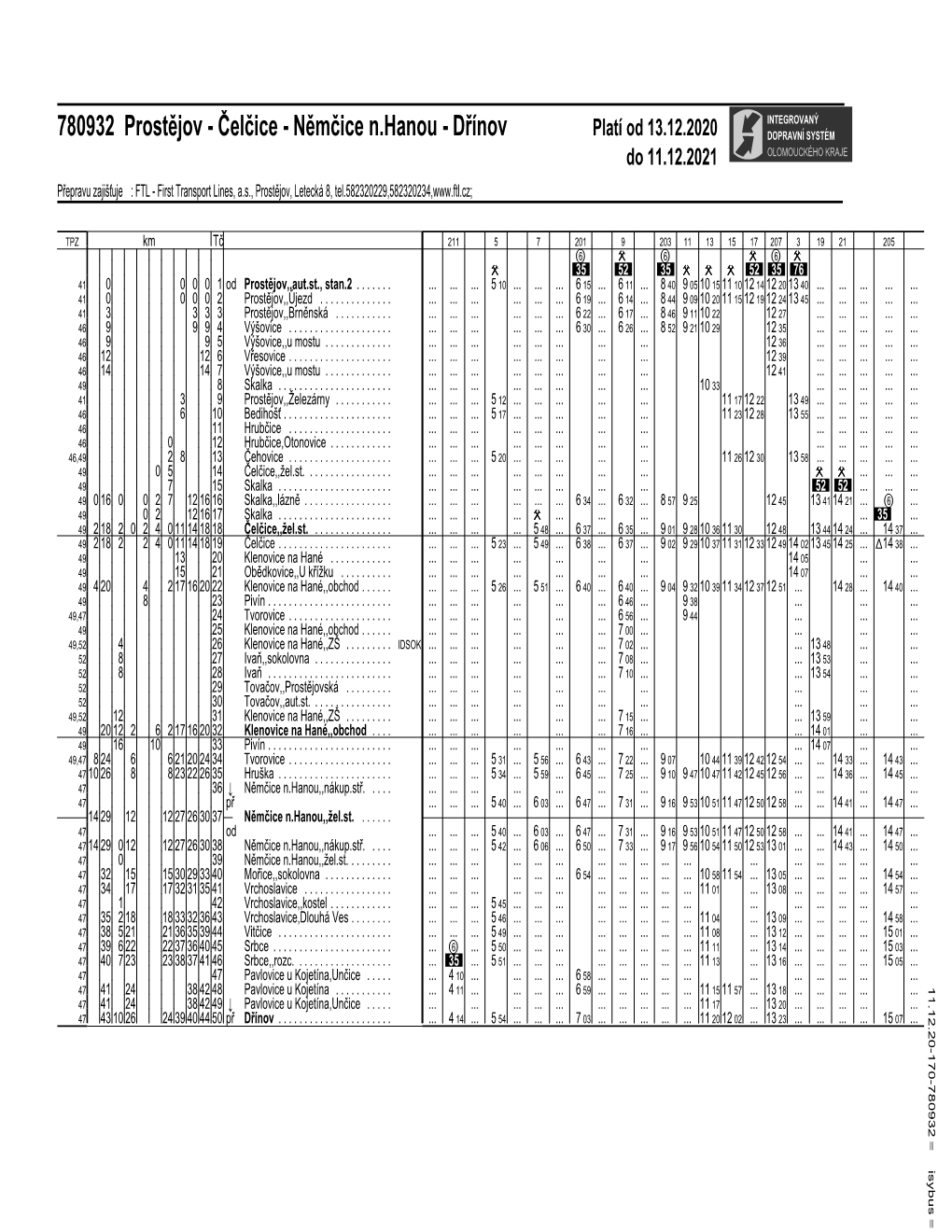 780932 Prosteˇjov - Cˇ Elcˇice - Neˇmcˇice N.Hanou - Drˇínov Platí Od 13.12.2020 DOPRAVNI´ SYSTEM ´ Do 11.12.2021 OLOMOUCKEHO´ KRAJE