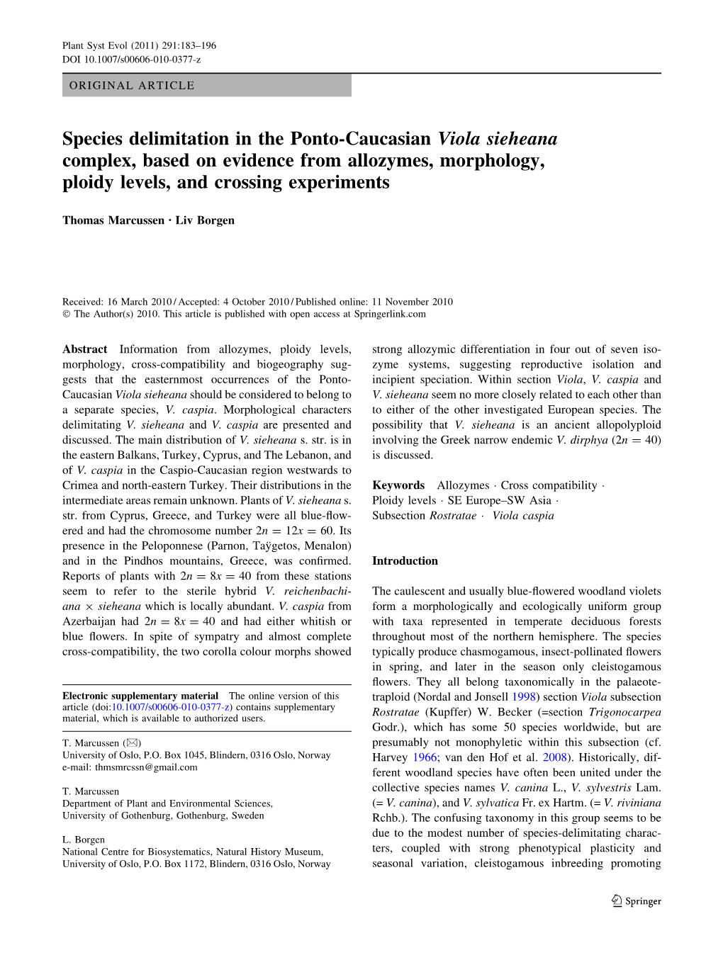 Species Delimitation in the Ponto-Caucasian Viola Sieheana Complex, Based on Evidence from Allozymes, Morphology, Ploidy Levels, and Crossing Experiments