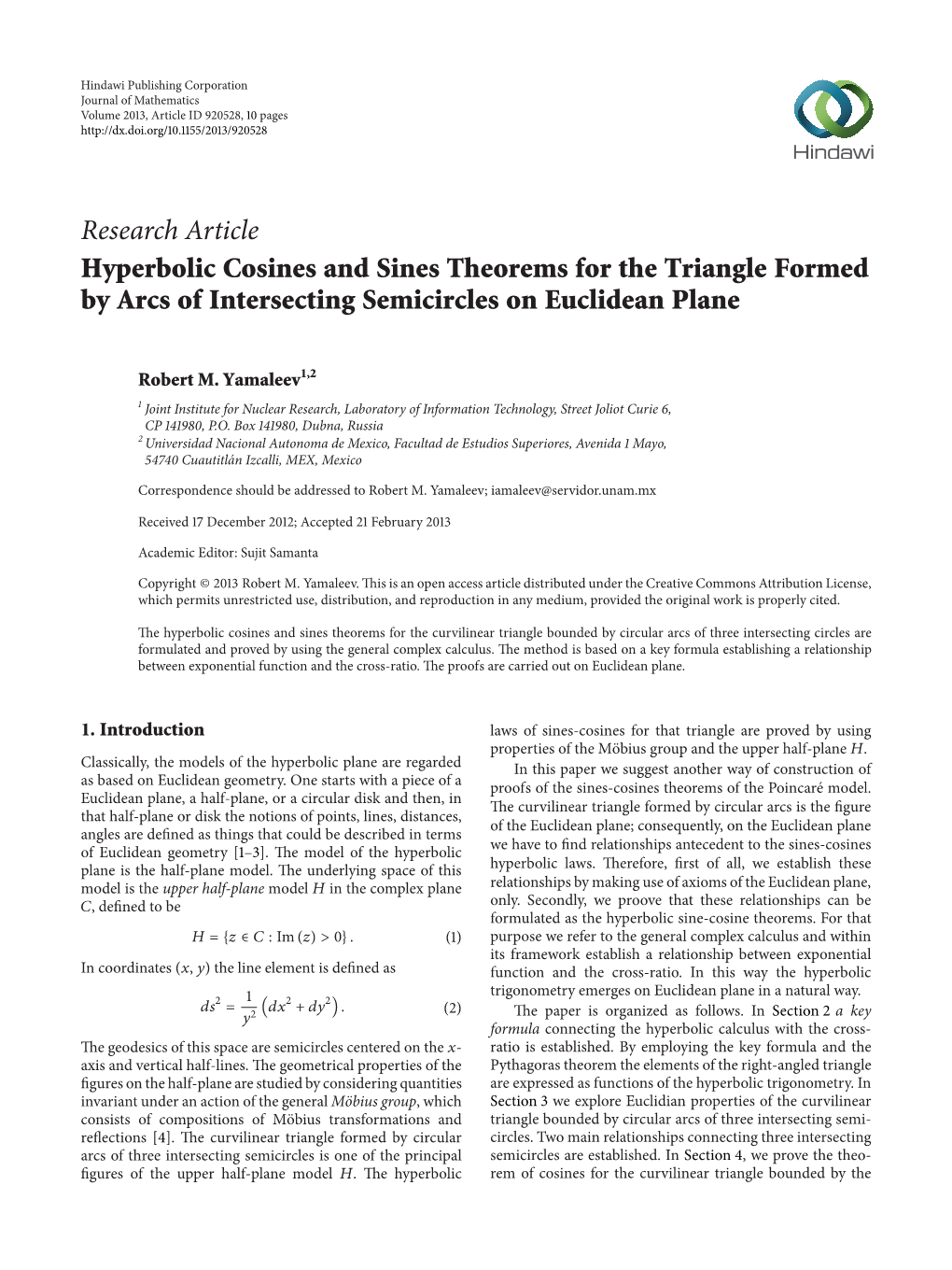 Hyperbolic Cosines and Sines Theorems for the Triangle Formed by Arcs of Intersecting Semicircles on Euclidean Plane