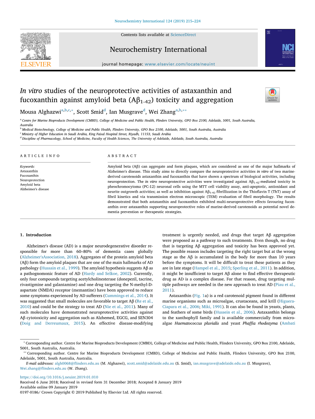 In Vitro Studies of the Neuroprotective Activities of Astaxanthin And