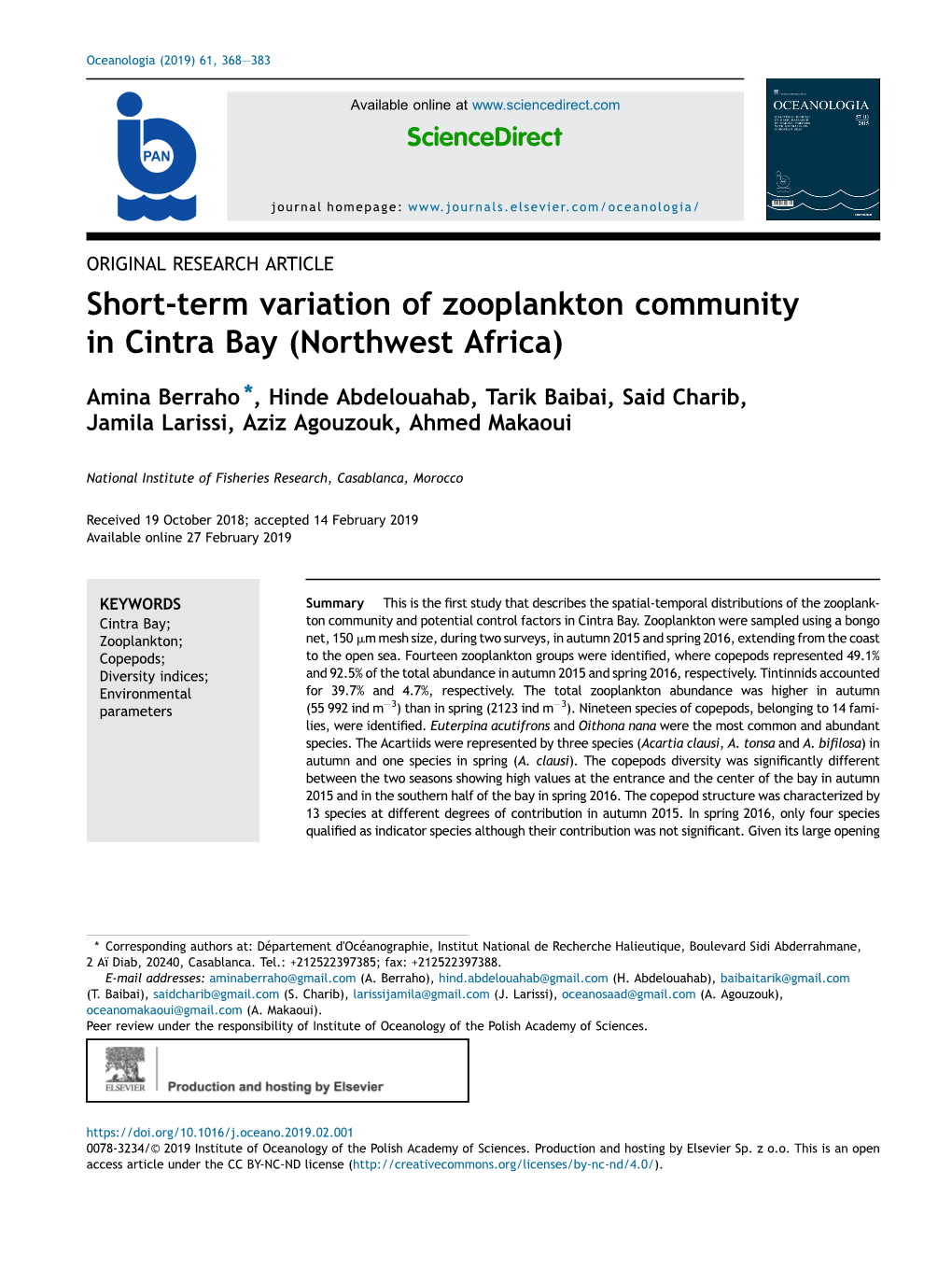 Short-Term Variation of Zooplankton Community in Cintra Bay (Northwest