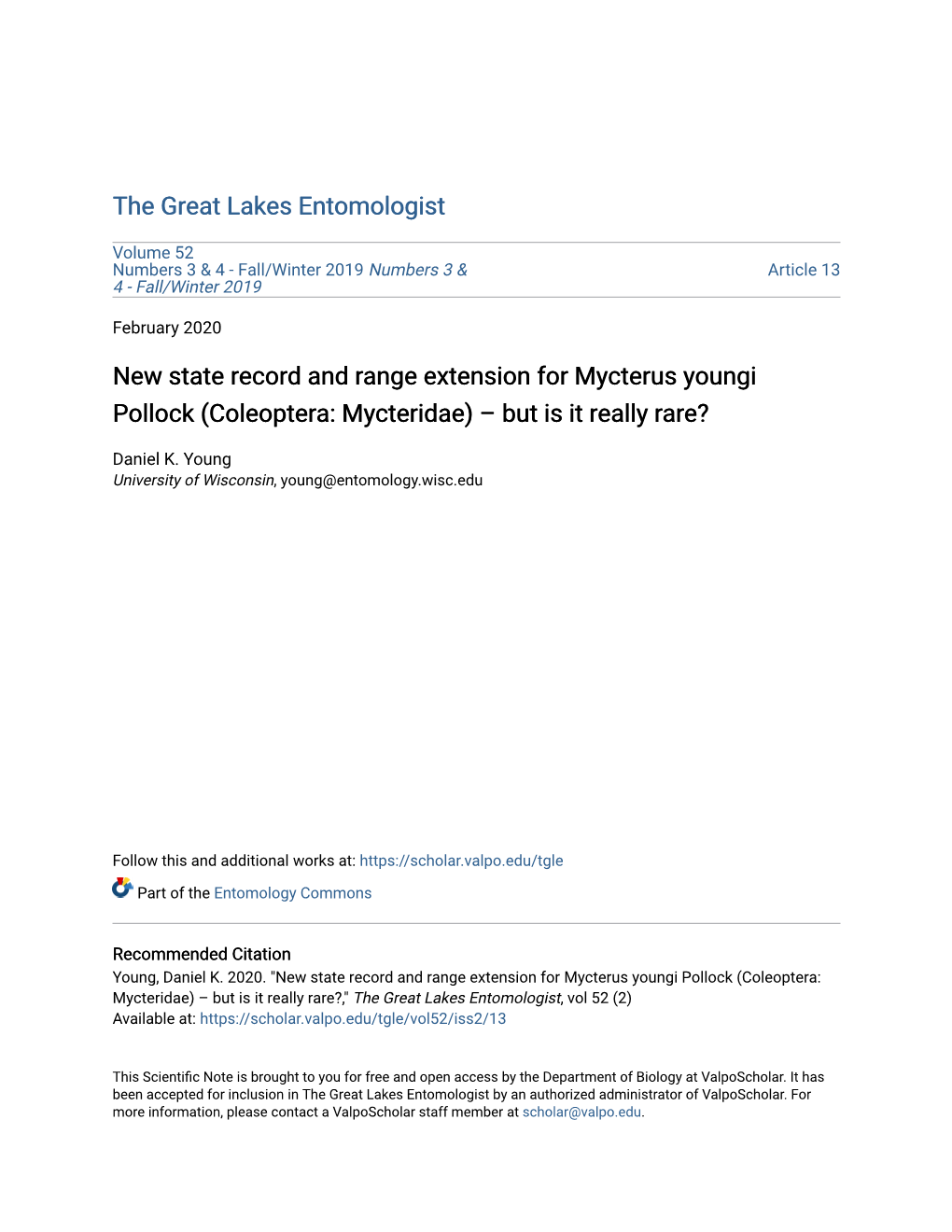 New State Record and Range Extension for Mycterus Youngi Pollock (Coleoptera: Mycteridae) – but Is It Really Rare?