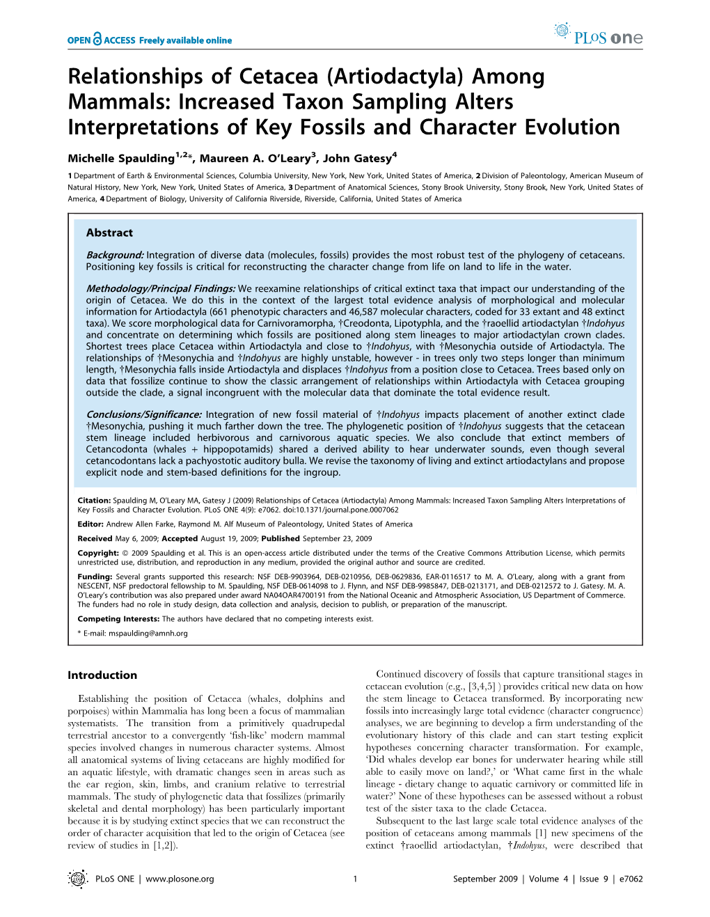 Relationships of Cetacea (Artiodactyla) Among Mammals: Increased Taxon Sampling Alters Interpretations of Key Fossils and Character Evolution