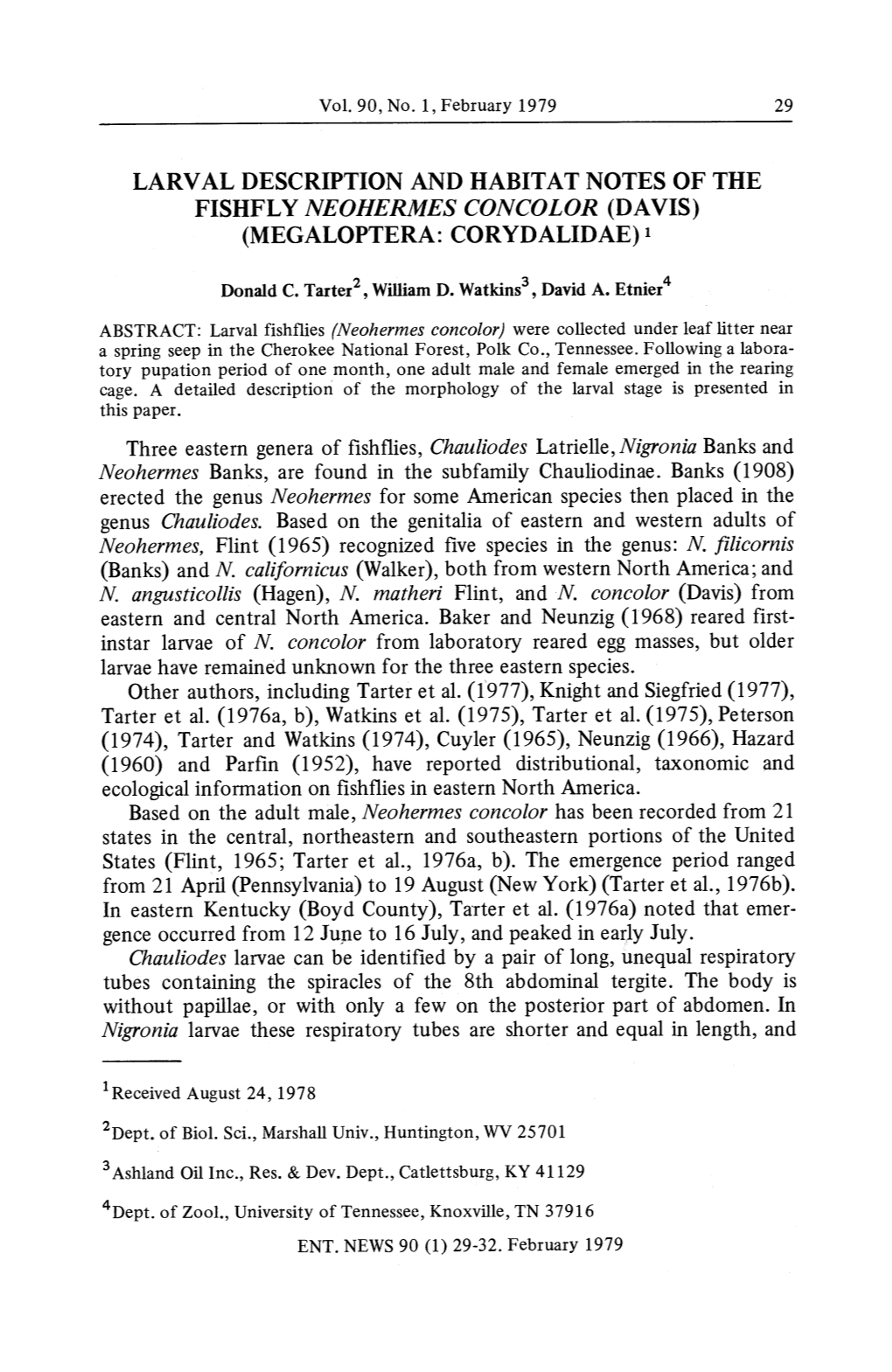 Larval Description and Habitat Notes of the Fishfly Neohermes Concolor (Davis) (Megaloptera: Coryd Alidae)