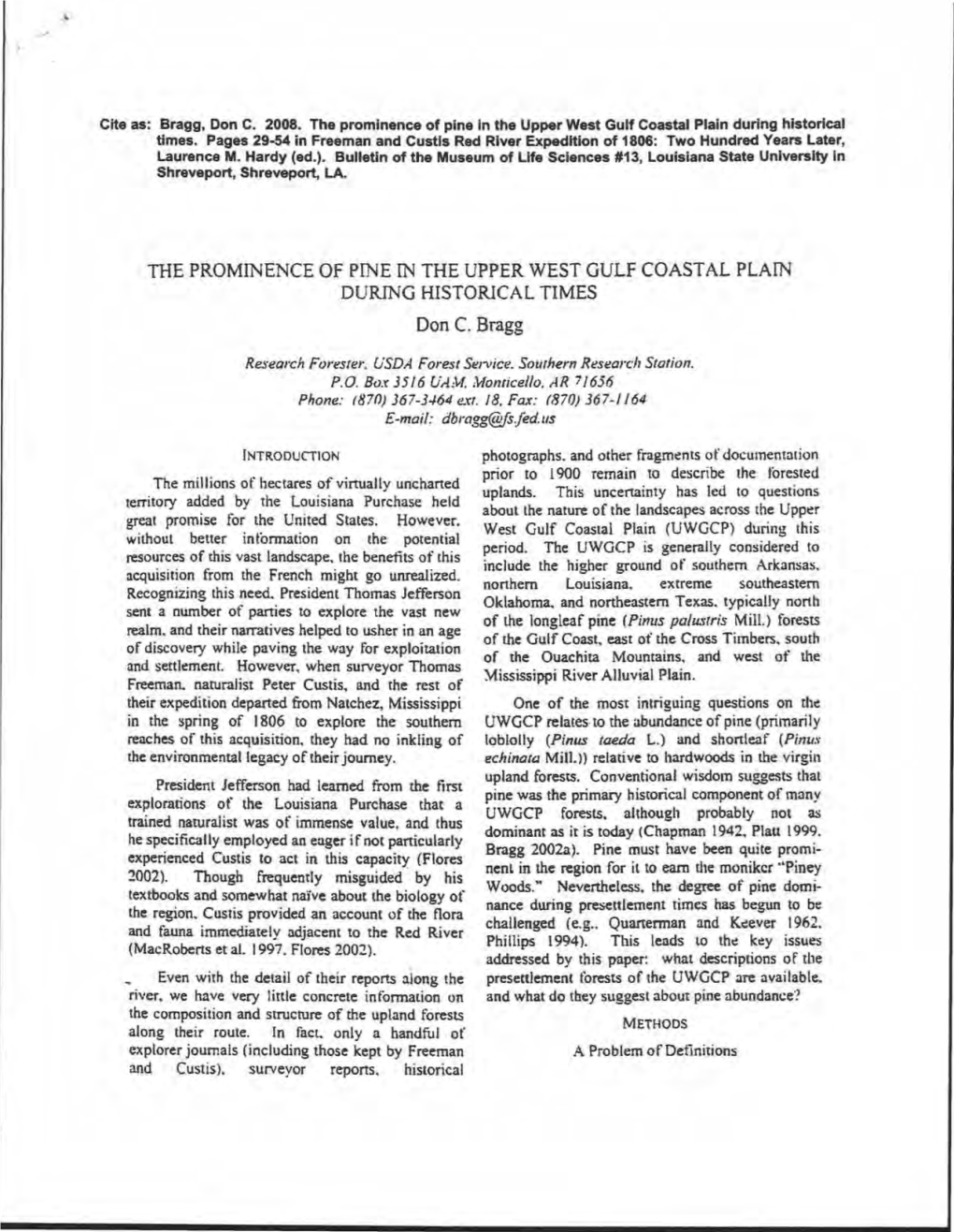 The Prominence of Pine in the Upper West Gulf Coastal Plain During Historical Times