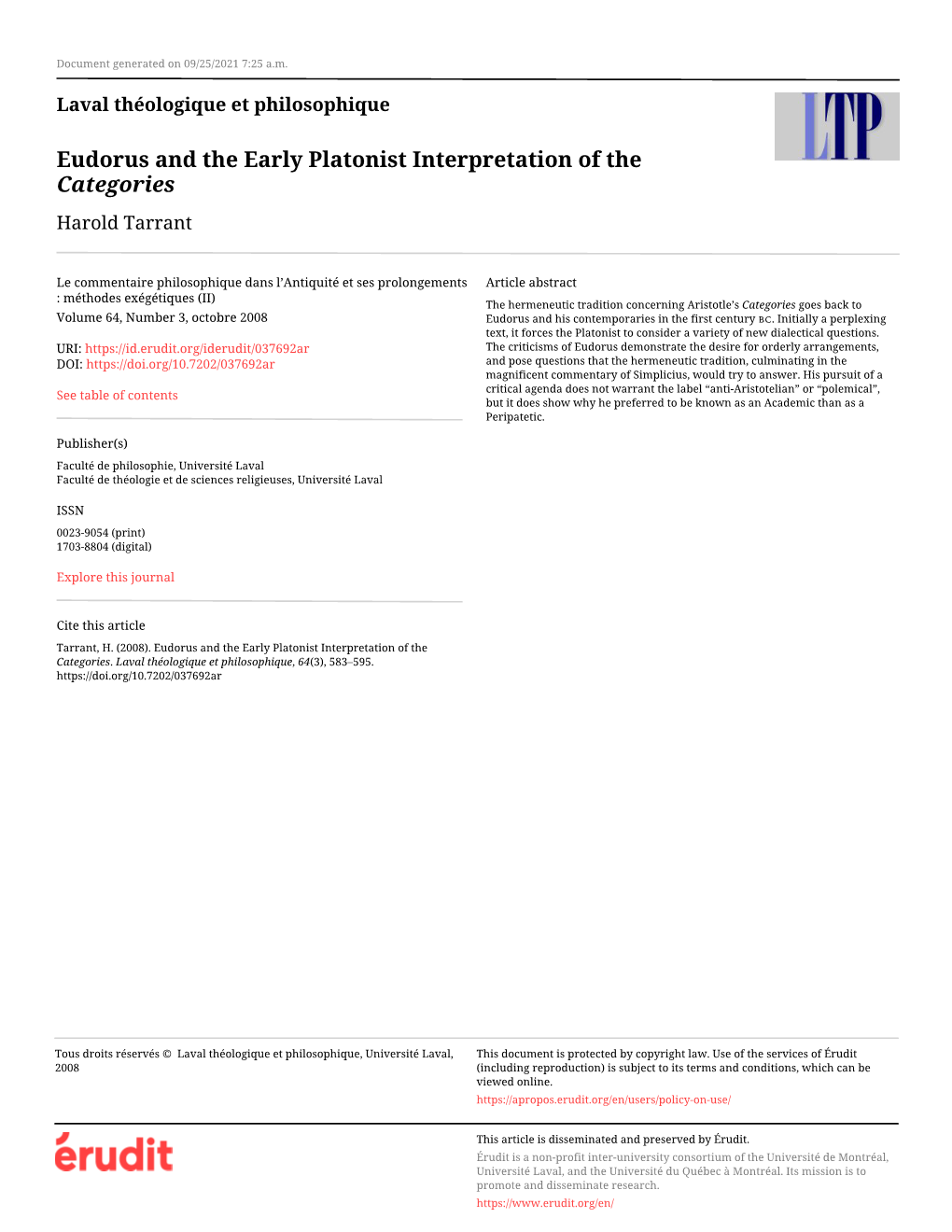 Eudorus and the Early Platonist Interpretation of the Categories Harold Tarrant