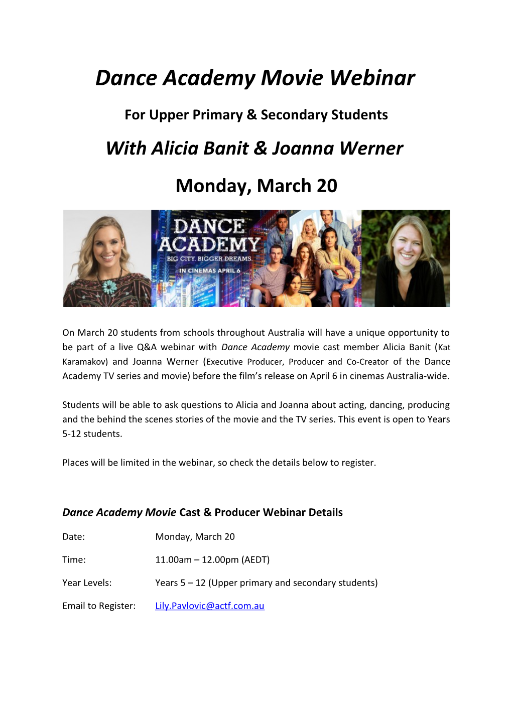 Dance Academy Movie Webinar