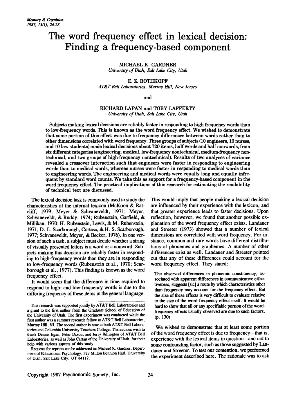 The Word Frequency Effect in Lexical Decision: Finding a Frequency-Based Component