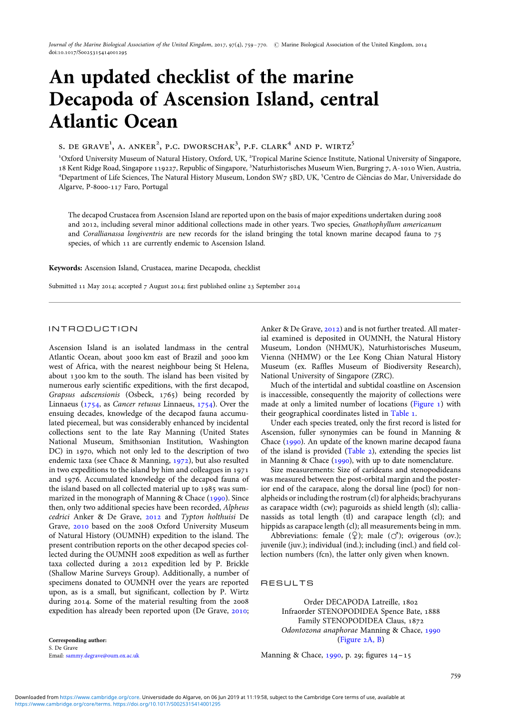 An Updated Checklist of the Marine Decapoda of Ascension Island, Central Atlantic Ocean S