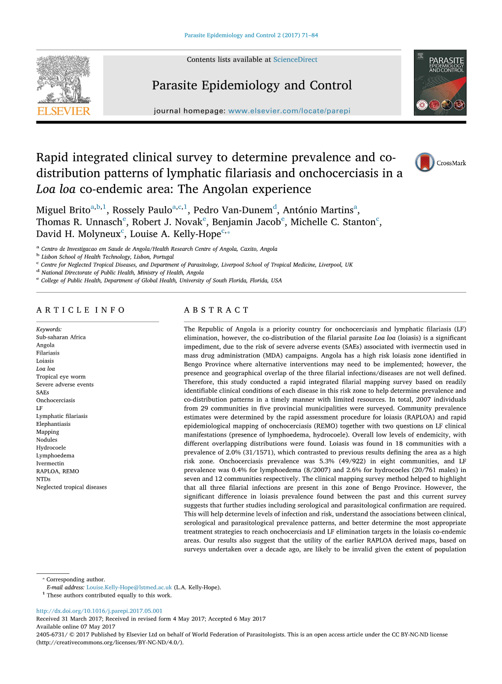 Rapid Integrated Clinical Survey to Determine Prevalence and Co-Distribution Patterns of Lymphatic Filariasis and Onchocerciasis