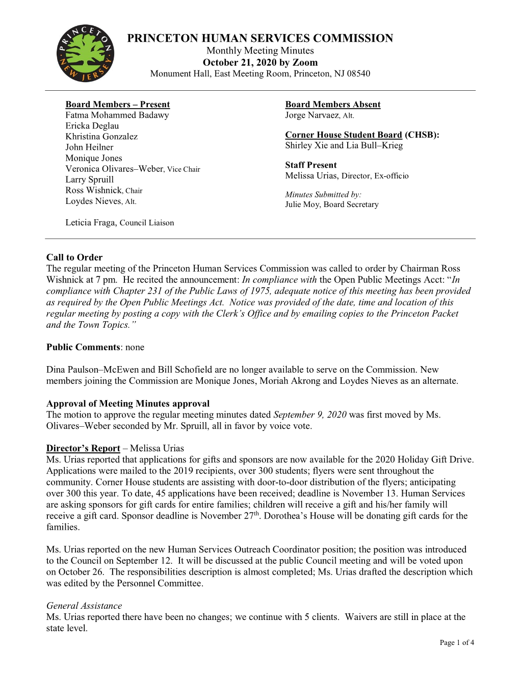 PRINCETON HUMAN SERVICES COMMISSION Monthly Meeting Minutes October 21, 2020 by Zoom Monument Hall, East Meeting Room, Princeton, NJ 08540