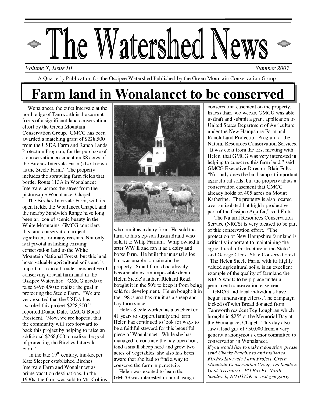 Farm Land in Wonalancet to Be Conserved Wonalancet, the Quiet Intervale at the Conservation Easement on the Property