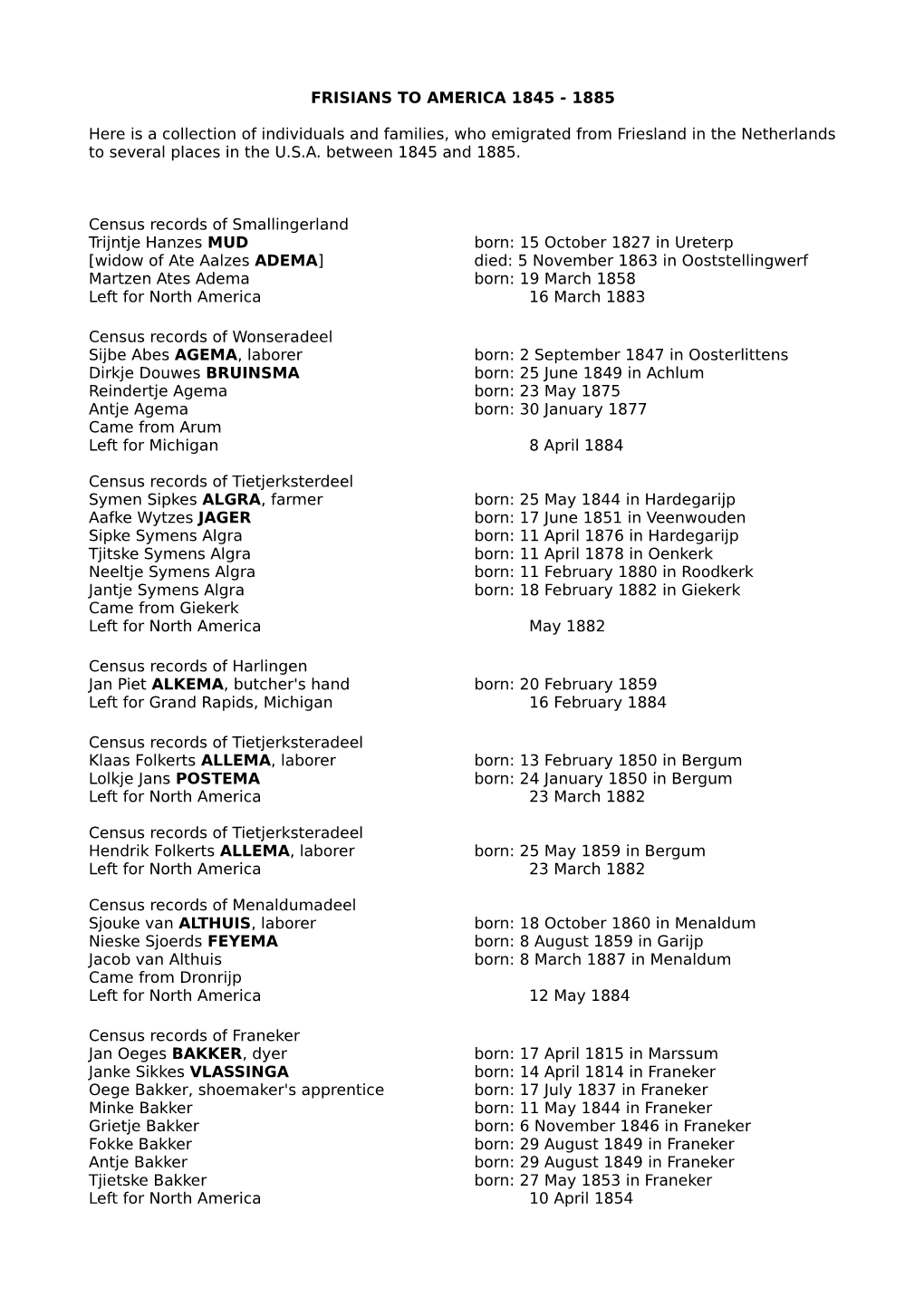 Frisians to America 1845 - 1885