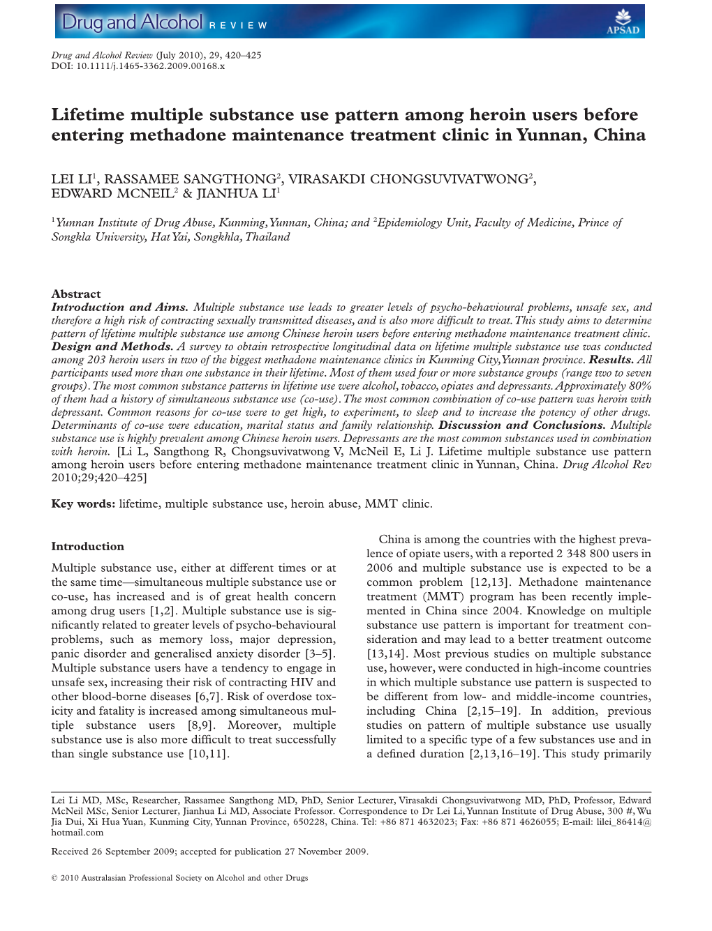 Lifetime Multiple Substance Use Pattern Among Heroin Users Before