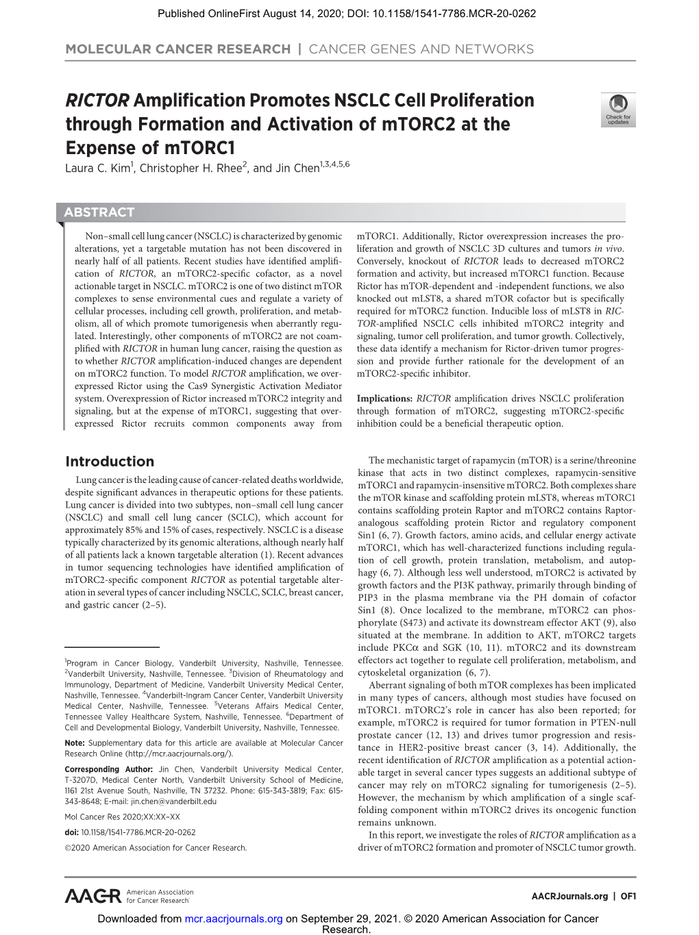 RICTOR Amplification Promotes NSCLC Cell Proliferation Through Formation and Activation of Mtorc2 at the Expense of Mtorc1