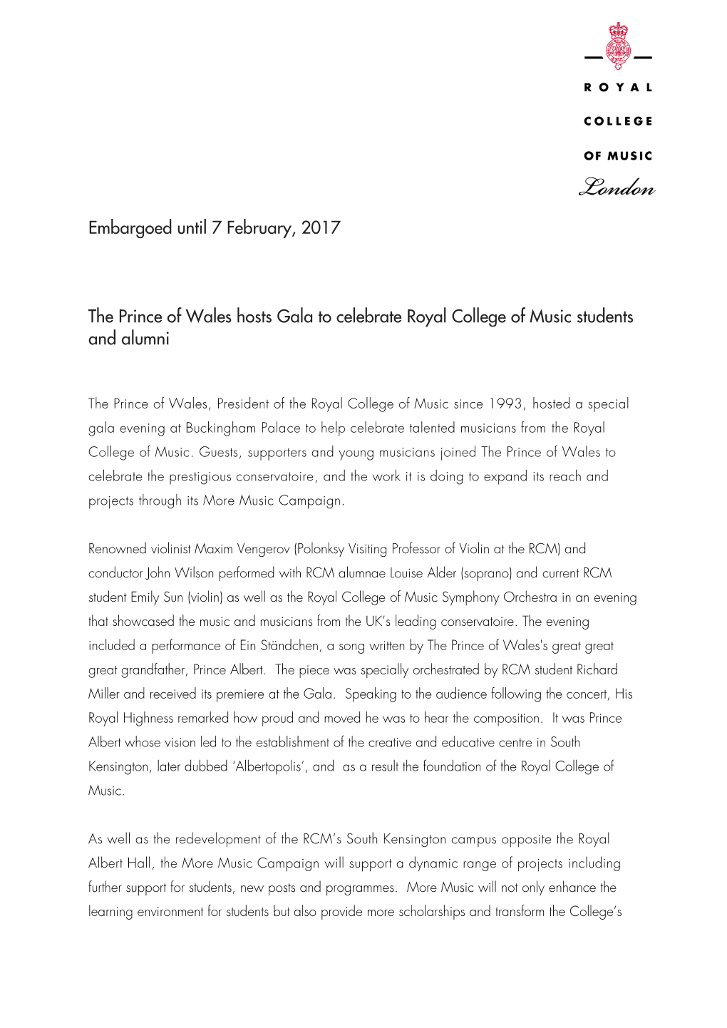 Embargoed Until 7 February, 2017 the Prince of Wales Hosts Gala To