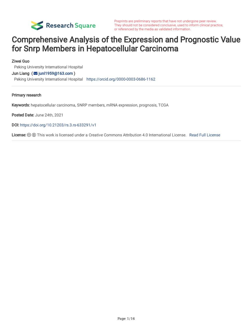 Comprehensive Analysis of the Expression and Prognostic Value for Snrp Members in Hepatocellular Carcinoma